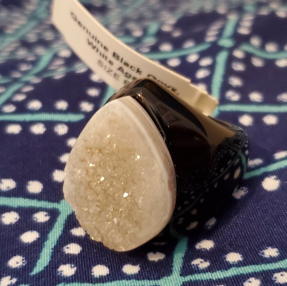 Genuine Black Onyx, White Agate Ring Size 8